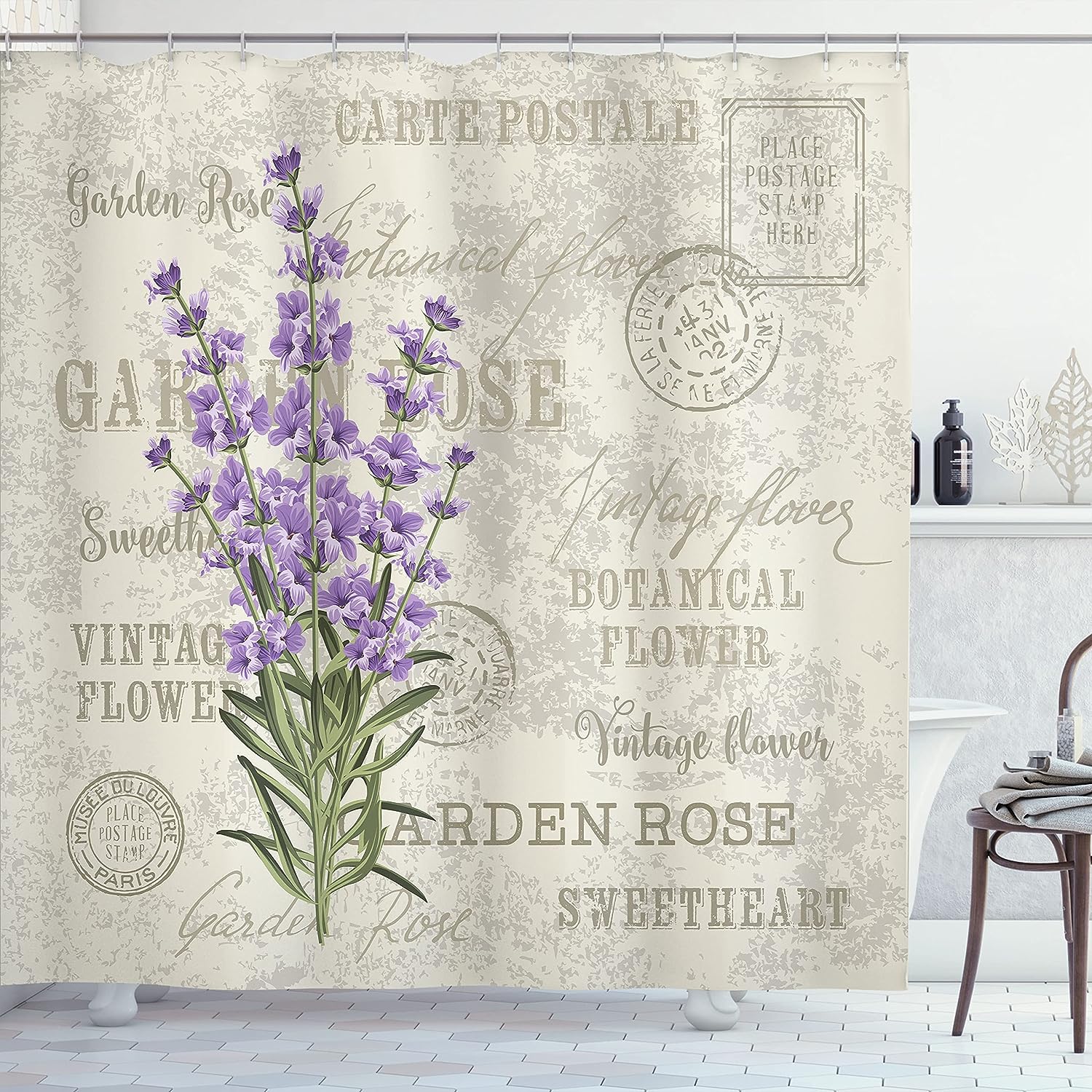 Lavender Flowers Shower Curtain, Vintage Grunge Display Cloth Fabric Bathroom Decor, Home Decor Green/Lilac