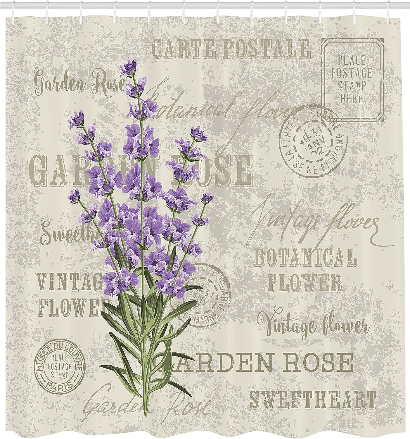 Lavender Flowers Shower Curtain, Vintage Grunge Display Cloth Fabric Bathroom Decor, Home Decor Green/Lilac