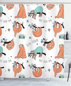 Lazy Sloths on Branches Shower Curtain, Fun Bathroom Decor with Hand-Drawn Pattern, Pale Blue Orange Black