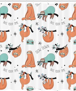 Lazy Sloths on Branches Shower Curtain, Fun Bathroom Decor with Hand-Drawn Pattern, Pale Blue Orange Black