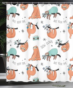 Lazy Sloths on Branches Shower Curtain, Fun Bathroom Decor with Hand-Drawn Pattern, Pale Blue Orange Black