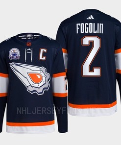 Lee Fogolin 2 Hall of Fame patch 2022 Edmonton Oilers Navy Jersey Reverse Retro 2.0