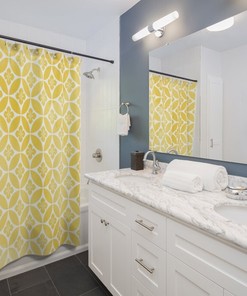 Lemon Yellow Tile Pattern Boho Shower Curtain, Faded Look New Bathroom Accessories