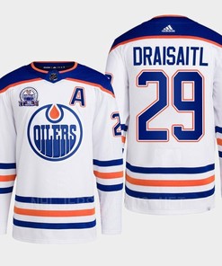Leon Draisaitl 29 Edmonton Oilers White Jersey 2022 Lee Ryan Hall Of Fame Patch Away