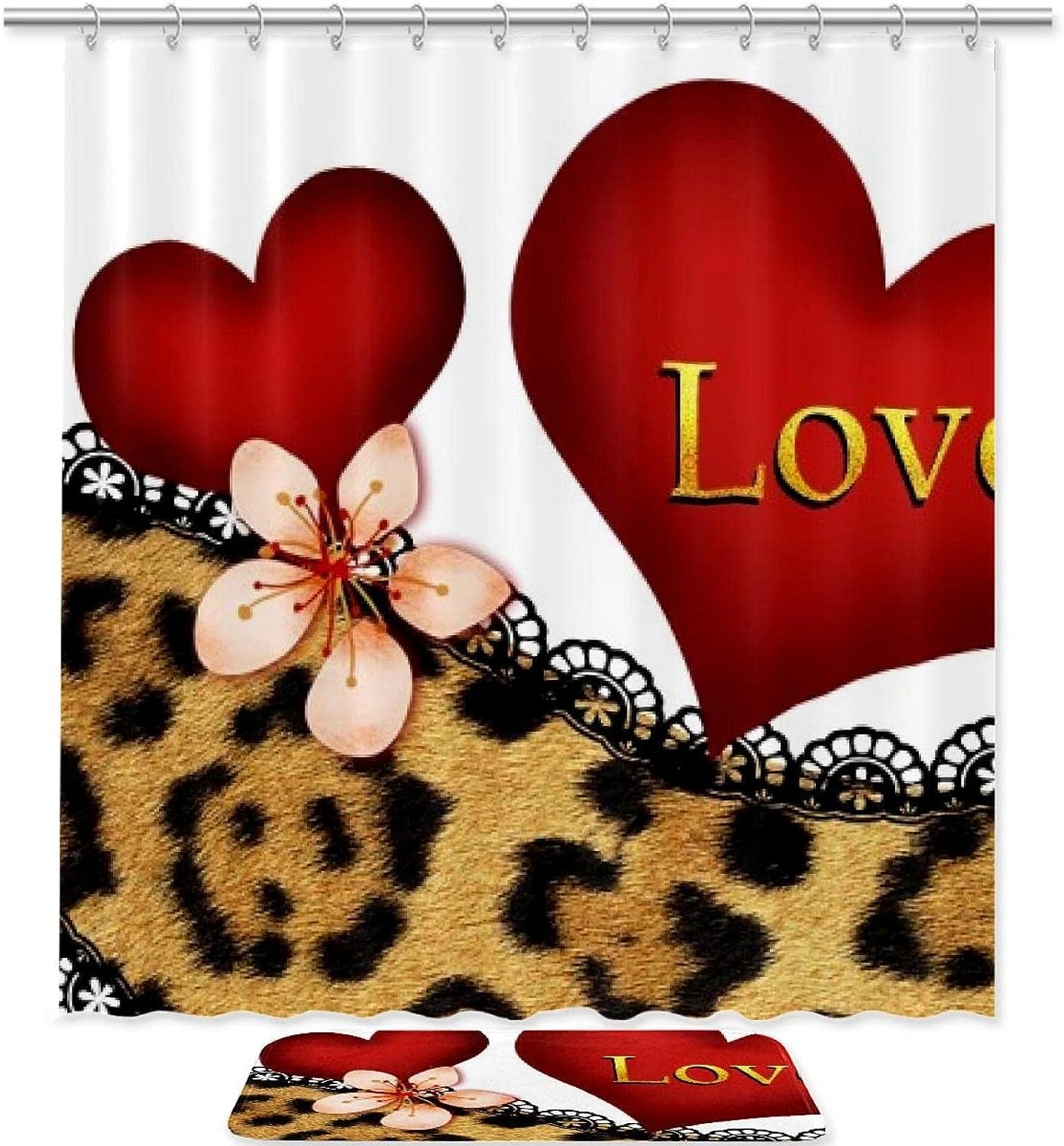 Leopard Love Heart Lace Shower Curtain for Bathroom Decoration