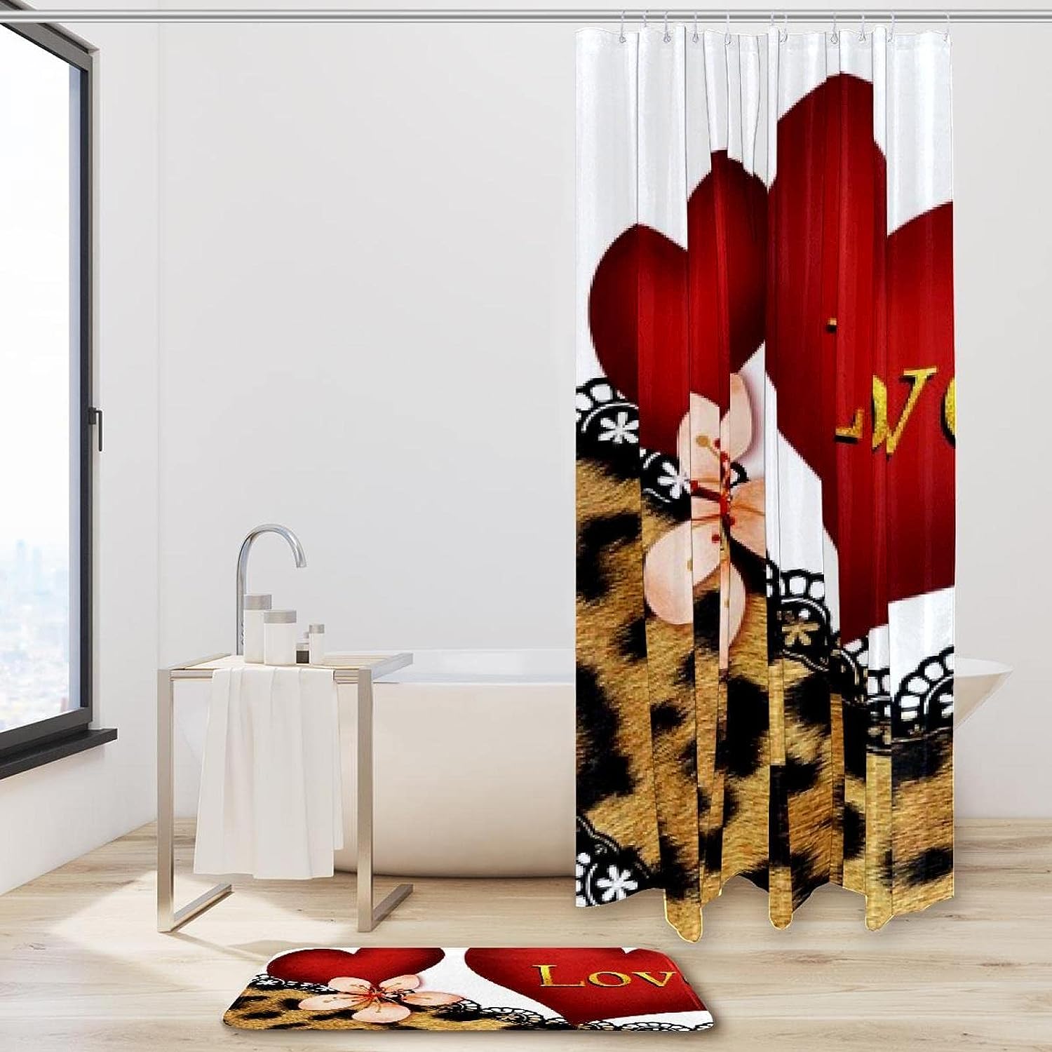 Leopard Love Heart Lace Shower Curtain for Bathroom Decoration