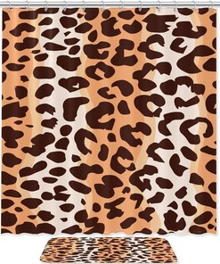 Leopard Print and Orange Print Waterproof Fabric Shower Curtain for Bathroom Decor
