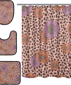 Leopard Spot Abstract Geometric Sunflower Shower Curtain and Mat for Bold Bathroom Decor