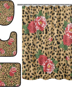 Leopard Spot Rose Flower Shower Curtain and Mat for Feminine Bathroom Decor