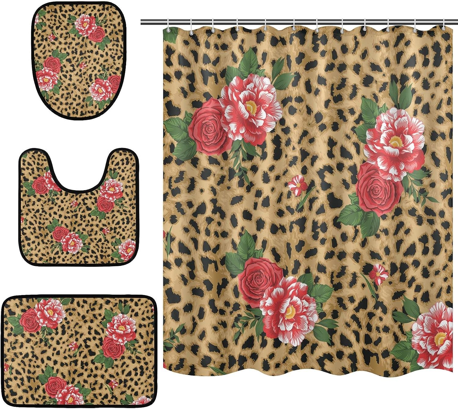 Leopard Spot Rose Flower Shower Curtain and Mat for Feminine Bathroom Decor