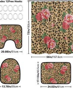 Leopard Spot Rose Flower Shower Curtain and Mat for Feminine Bathroom Decor