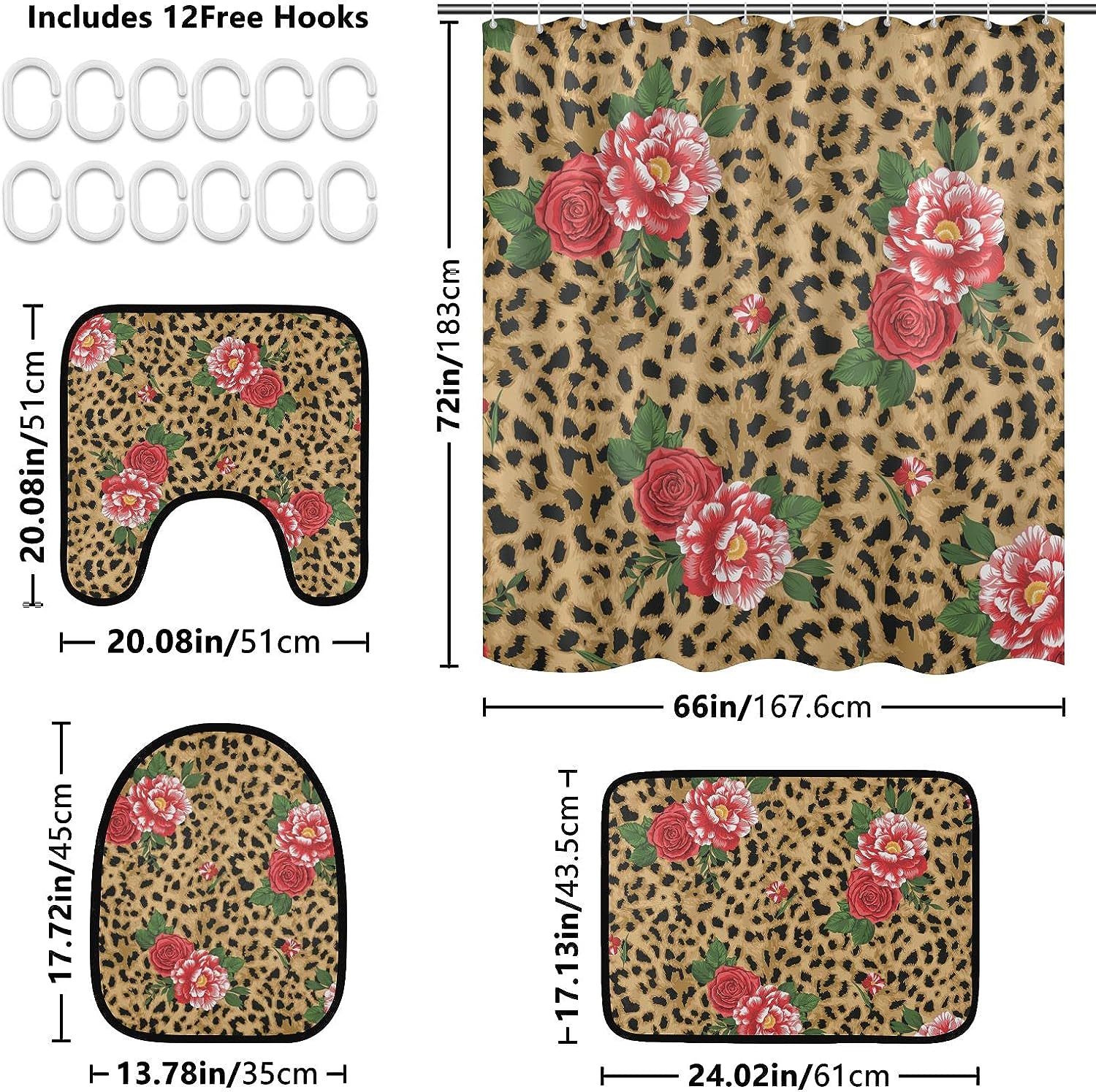 Leopard Spot Rose Flower Shower Curtain and Mat for Feminine Bathroom Decor