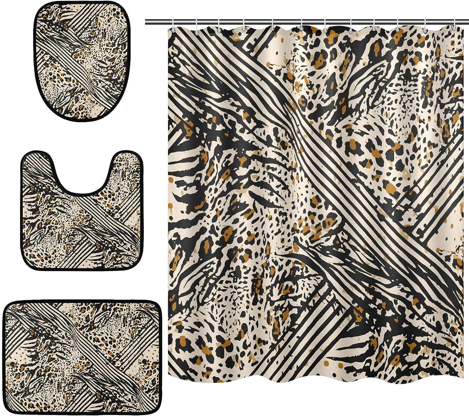 Leopard Spot Zebra Stripe Shower Curtain and Mat for Wild Bathroom Decor