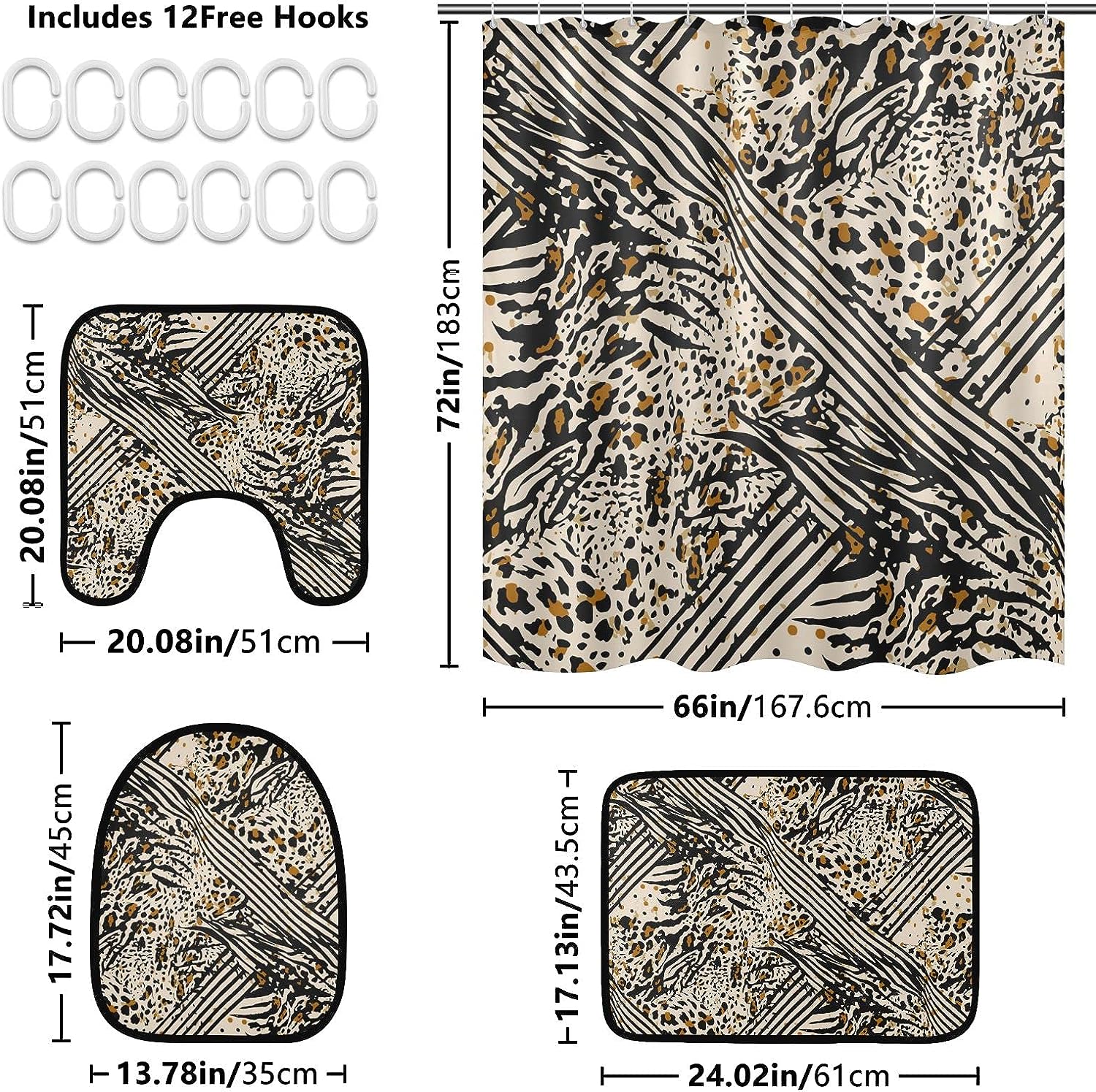 Leopard Spot Zebra Stripe Shower Curtain and Mat for Wild Bathroom Decor