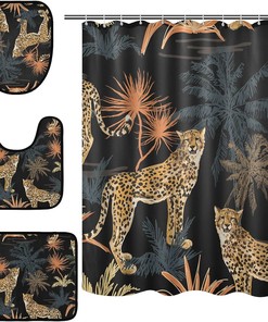 Leopard Tropical Palm Leaves Shower Curtain with Mat for Exotic Bathroom Decor