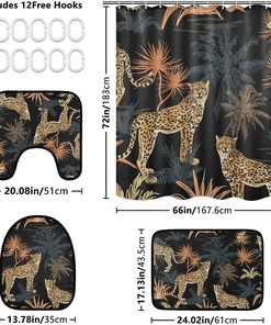 Leopard Tropical Palm Leaves Shower Curtain with Mat for Exotic Bathroom Decor