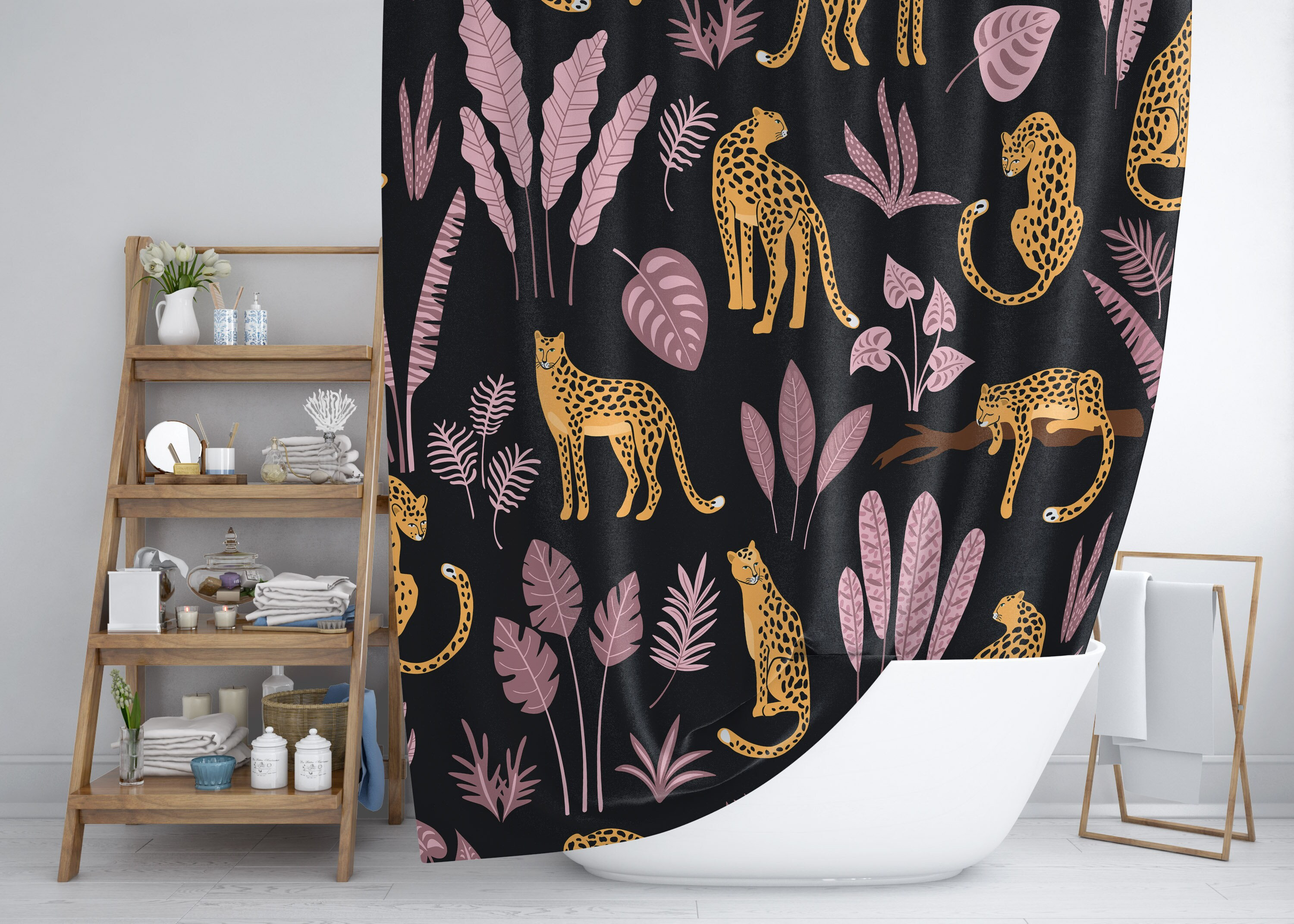 Leopard Tropical Pattern Shower Curtain Botanical Print Bathroom Decor