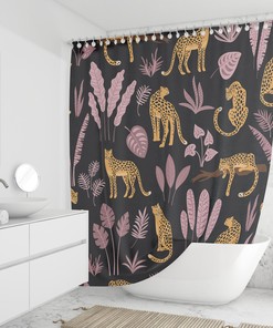 Leopard Tropical Pattern Shower Curtain Botanical Print Bathroom Decor