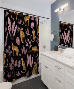 Leopard Tropical Pattern Shower Curtain Botanical Print Bathroom Decor