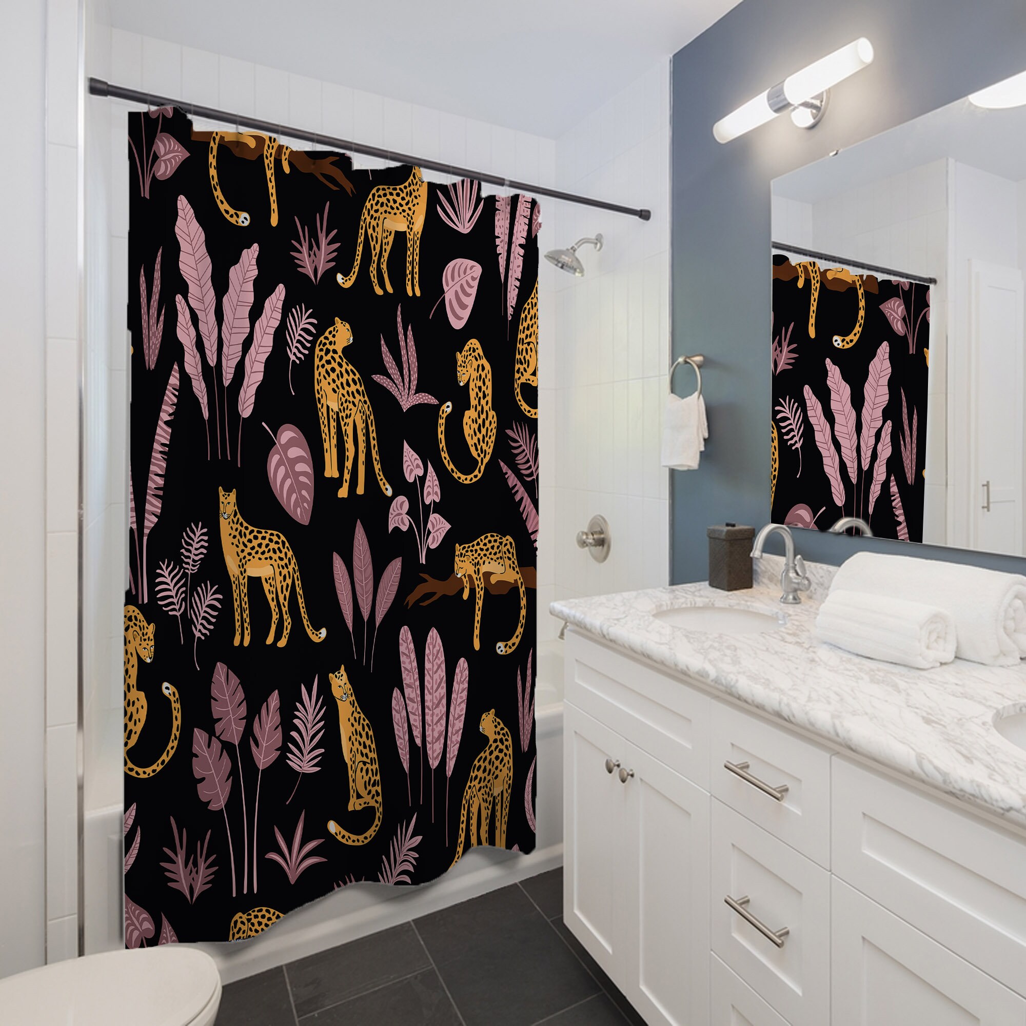 Leopard Tropical Pattern Shower Curtain Botanical Print Bathroom Decor