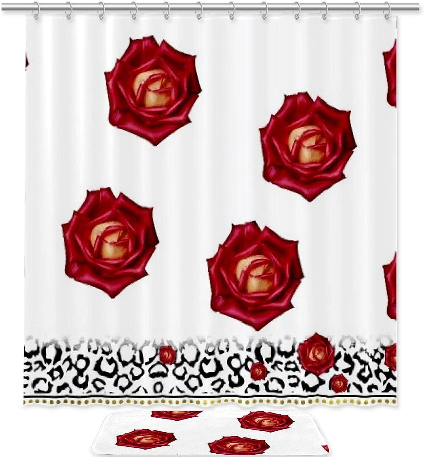 Leopard Warm Red Rose Shower Curtain for Bathroom Decor in Waterproof Fabric