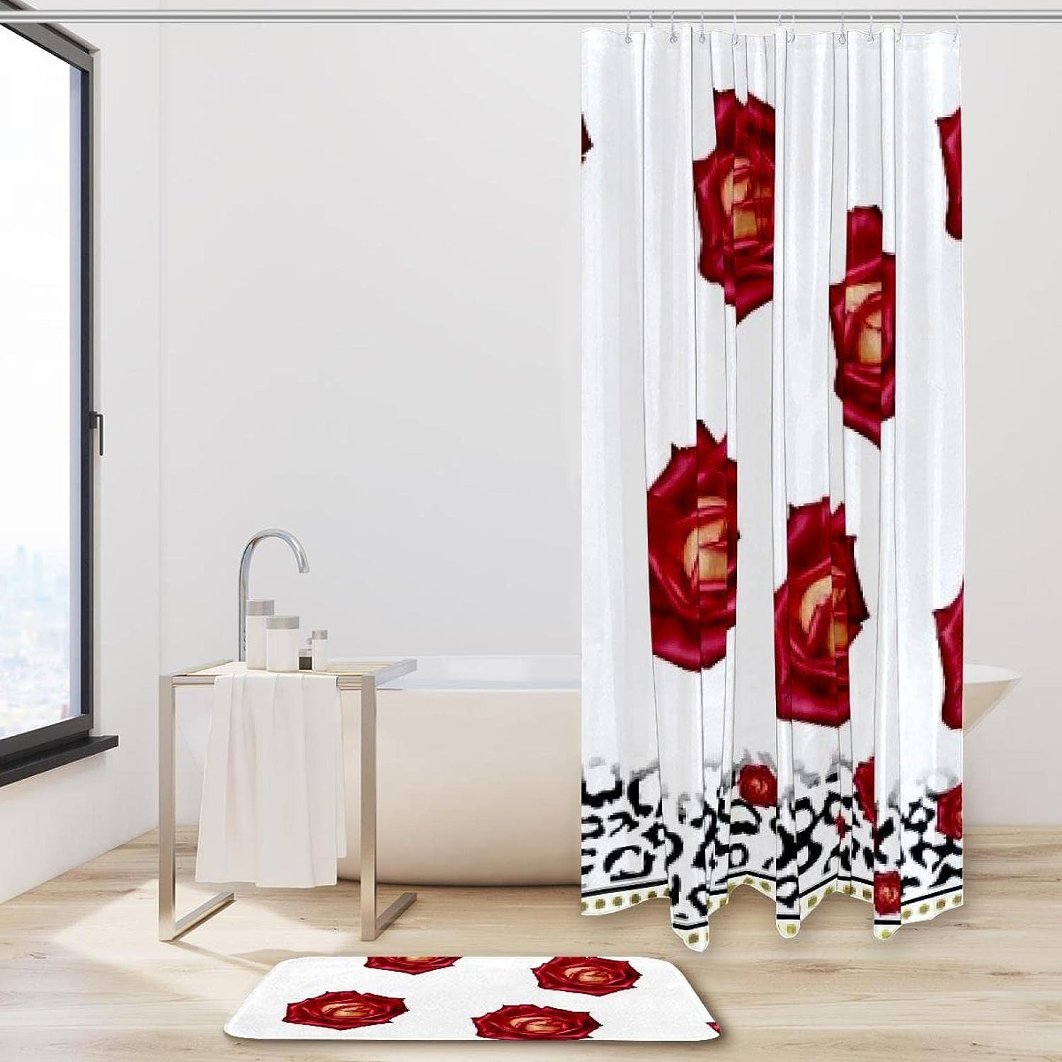Leopard Warm Red Rose Shower Curtain for Bathroom Decor in Waterproof Fabric