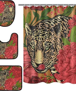 Leopard and Peonies Shower Curtain and Mat for Chic Bathroom Decor
