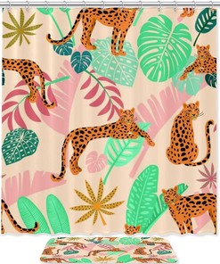 Leopard with Tropical Leaves African Shower Curtain and Matching Mat for Jungle Bathroom Decor