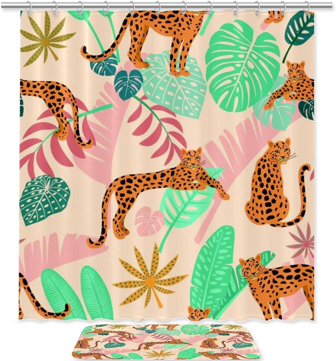 Leopard with Tropical Leaves African Shower Curtain and Matching Mat for Jungle Bathroom Decor