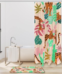 Leopard with Tropical Leaves African Shower Curtain and Matching Mat for Jungle Bathroom Decor