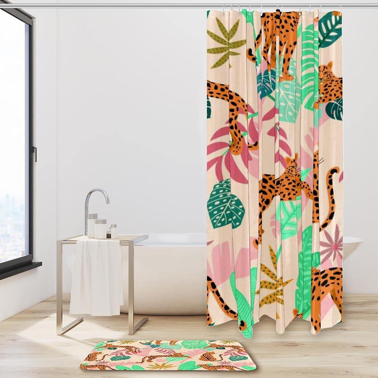 Leopard with Tropical Leaves African Shower Curtain and Matching Mat for Jungle Bathroom Decor