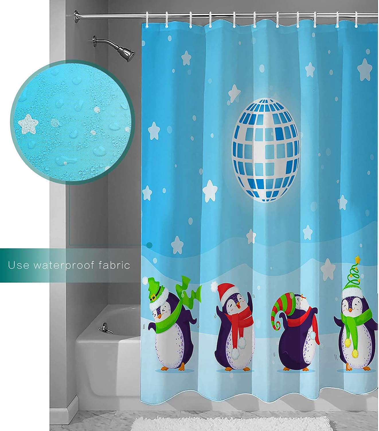 Light Ball Christmas Penguins Pentagram Blue Texture Shower Curtain - Waterproof Fabric for Bathroom Decor