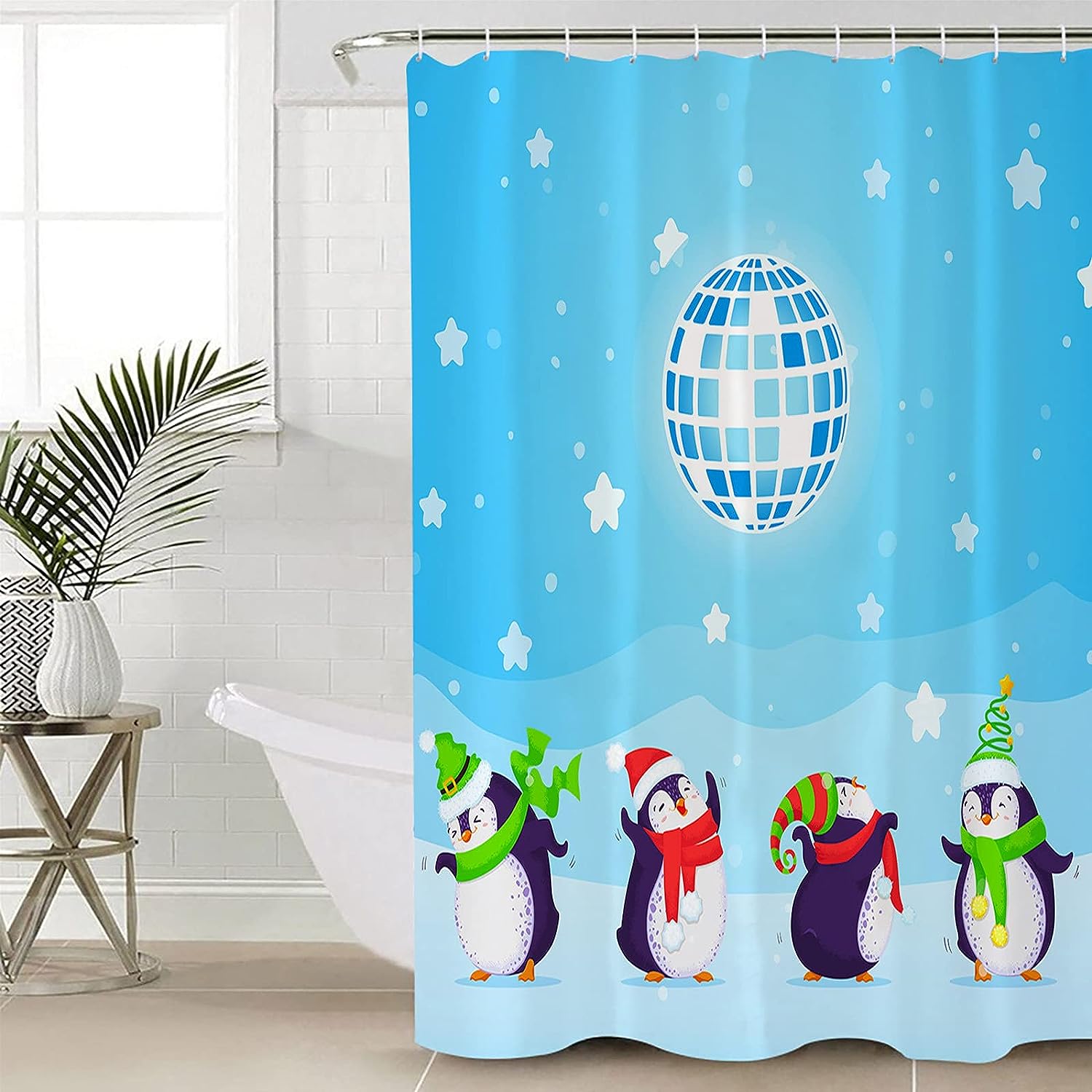 Light Ball Christmas Penguins Pentagram Blue Texture Shower Curtain - Waterproof Fabric for Bathroom Decor