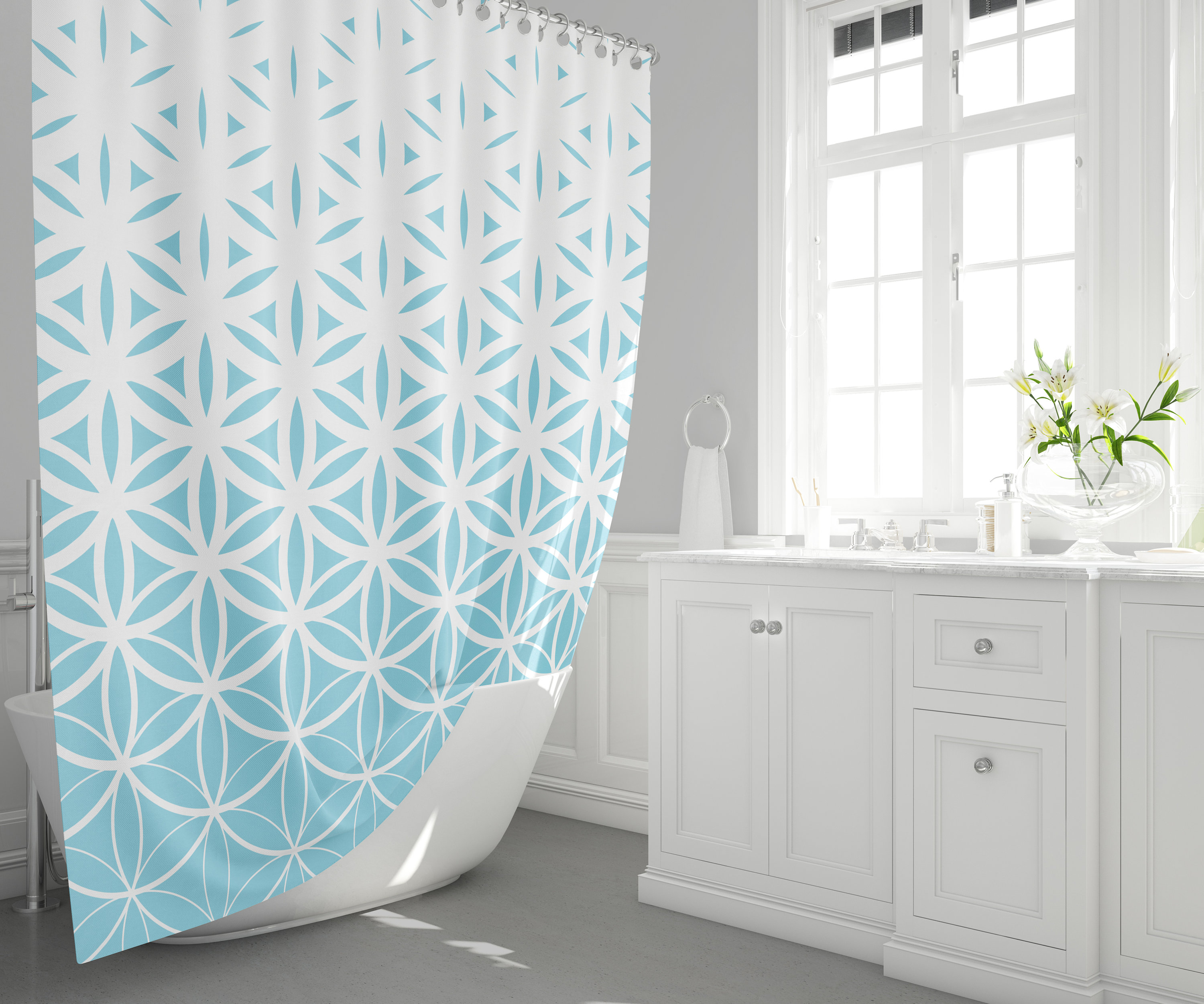Light Blue Spiritual Shower Curtain - Blue Sacred Geometry Aqua White Shower Curtain