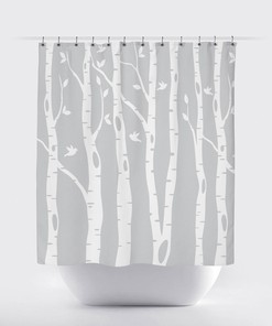 Light Blue and Grey Birch Tree Shower Curtain with Birds for Customized Home Decor
