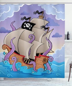 Lilac Multicolor Ocean Shower Curtain, Tentacled Octopus Pirate Ship with Skull Flag, Bathroom Decor Bathroom Curtain