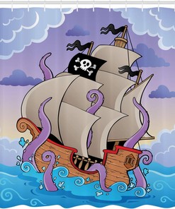 Lilac Multicolor Ocean Shower Curtain, Tentacled Octopus Pirate Ship with Skull Flag, Bathroom Decor Bathroom Curtain