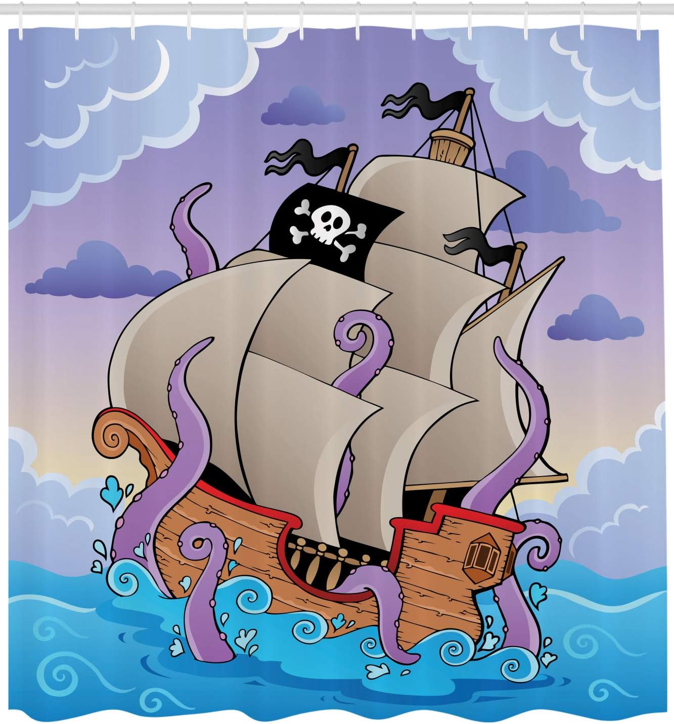 Lilac Multicolor Ocean Shower Curtain, Tentacled Octopus Pirate Ship with Skull Flag, Bathroom Decor Bathroom Curtain