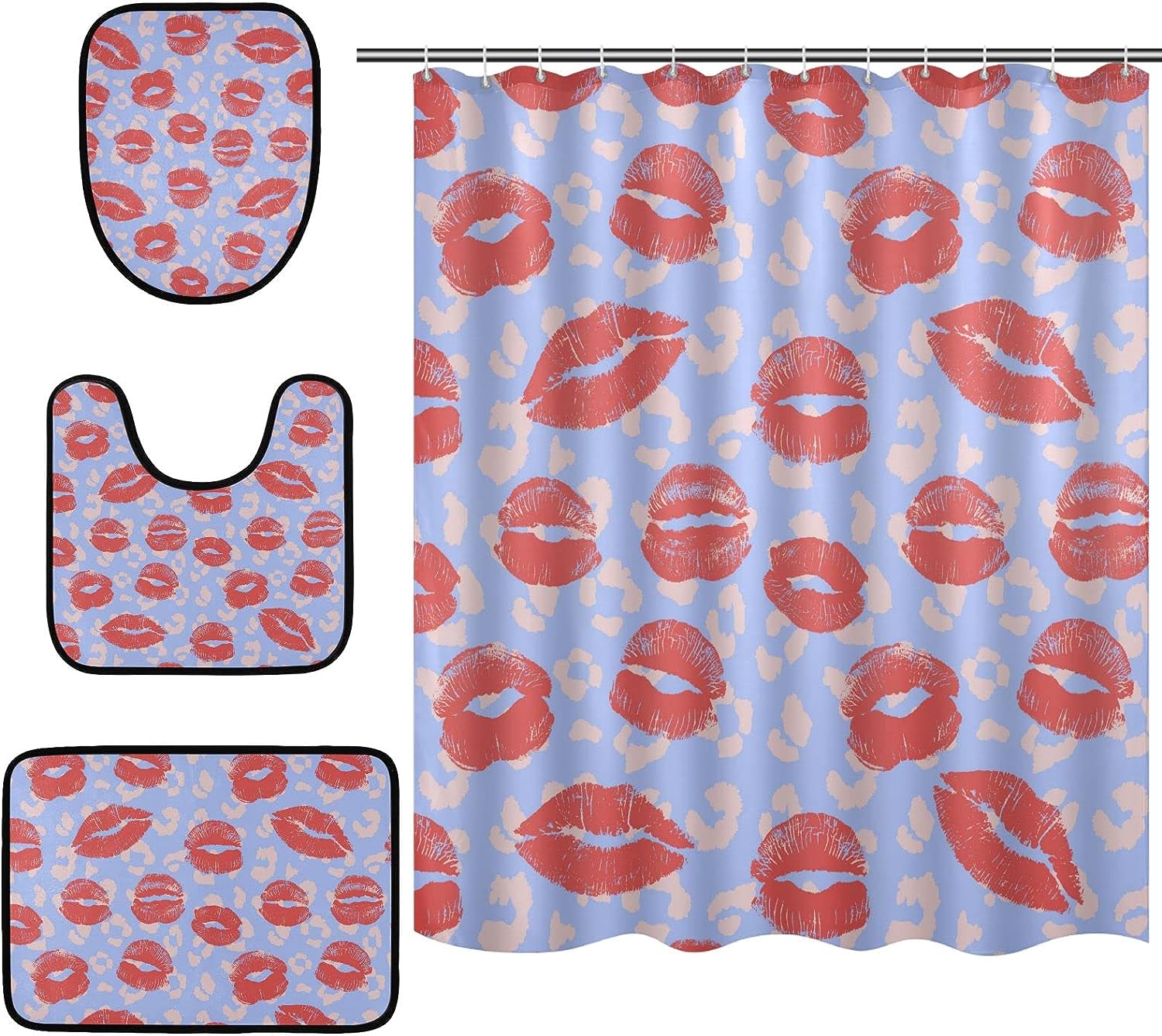 Lips on Leopard Spot Background Shower Curtain and Mat for Flirty Bathroom Decor