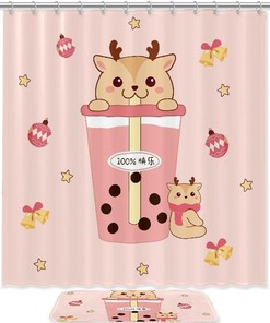 Little Deer Drinking Milk Tea Waterproof Shower Curtain for Whimsical Bathroom Decor