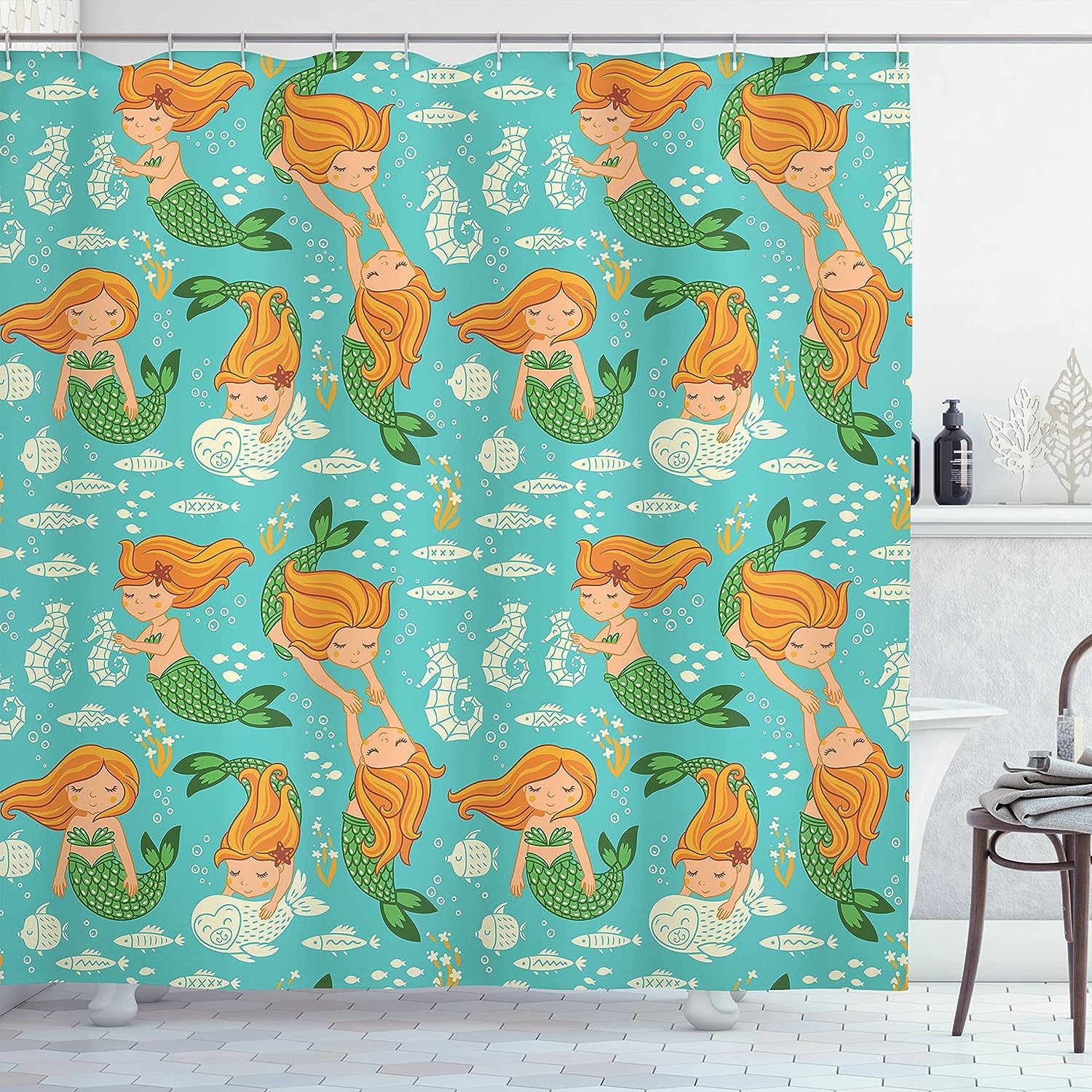 Little Mermaid Underwater Shower Curtain, Seahorse Fish Shells Cloth Fabric Bathroom Decor