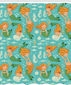 Little Mermaid Underwater Shower Curtain, Seahorse Fish Shells Cloth Fabric Bathroom Decor