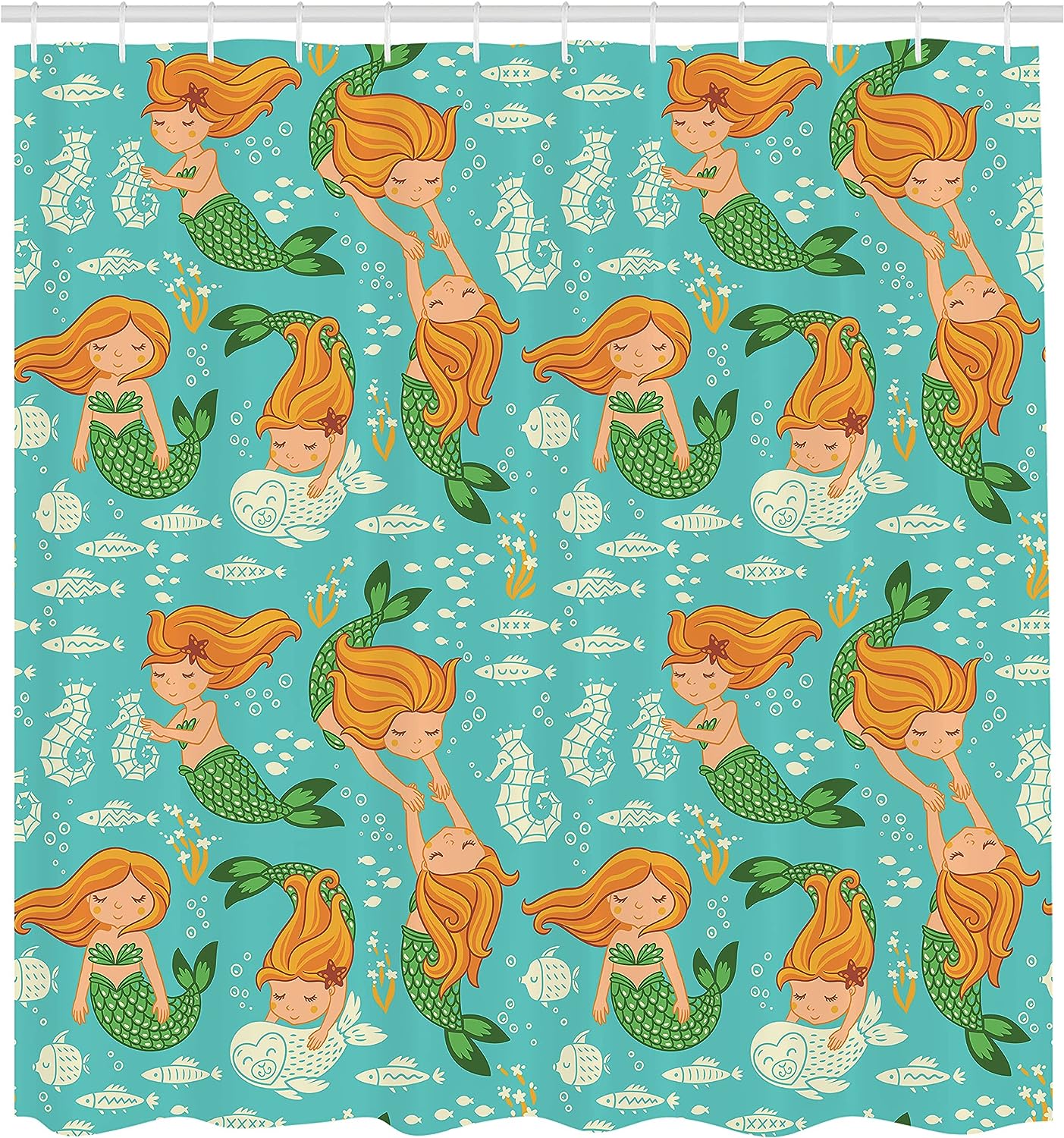 Little Mermaid Underwater Shower Curtain, Seahorse Fish Shells Cloth Fabric Bathroom Decor