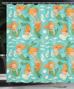 Little Mermaid Underwater Shower Curtain, Seahorse Fish Shells Cloth Fabric Bathroom Decor