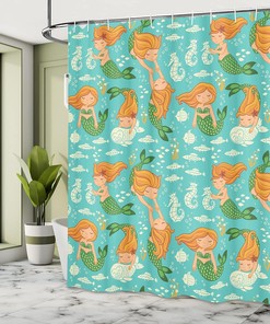 Little Mermaid Underwater Shower Curtain, Seahorse Fish Shells Cloth Fabric Bathroom Decor