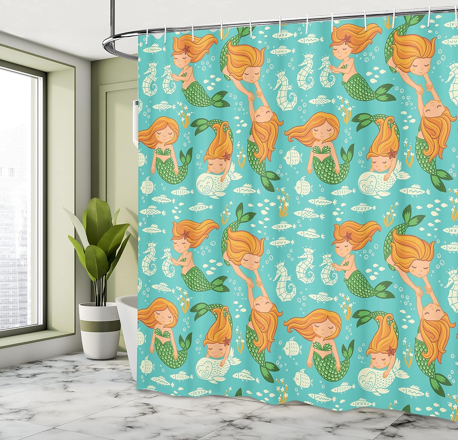 Little Mermaid Underwater Shower Curtain, Seahorse Fish Shells Cloth Fabric Bathroom Decor