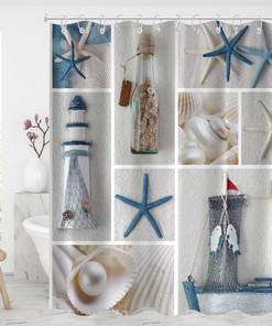 Living Life by the Seashore Fabric Shower Curtain with Starfish and Shell Design