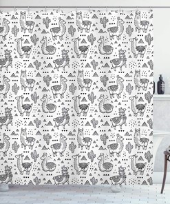 Llama Cartoon Shower Curtain, Doodle Style Alpacas Monochrome Cartoon Pattern Cloth Fabric Bathroom Decor, Home Decor White/Grey