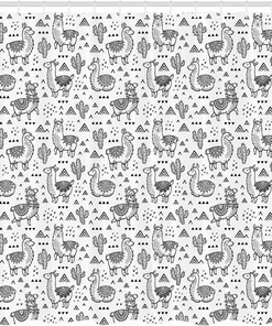 Llama Cartoon Shower Curtain, Doodle Style Alpacas Monochrome Cartoon Pattern Cloth Fabric Bathroom Decor, Home Decor White/Grey