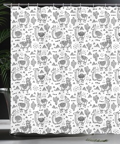 Llama Cartoon Shower Curtain, Doodle Style Alpacas Monochrome Cartoon Pattern Cloth Fabric Bathroom Decor, Home Decor White/Grey